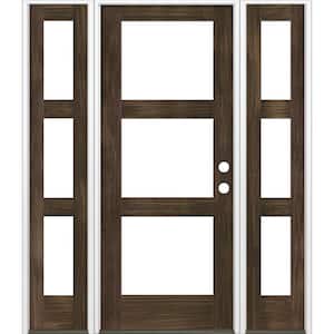 60 in. x 80 in. Modern Hemlock Left-Hand/Inswing 3-Lite Clear Glass Black Stain Wood Prehung Front Door with Sidelites