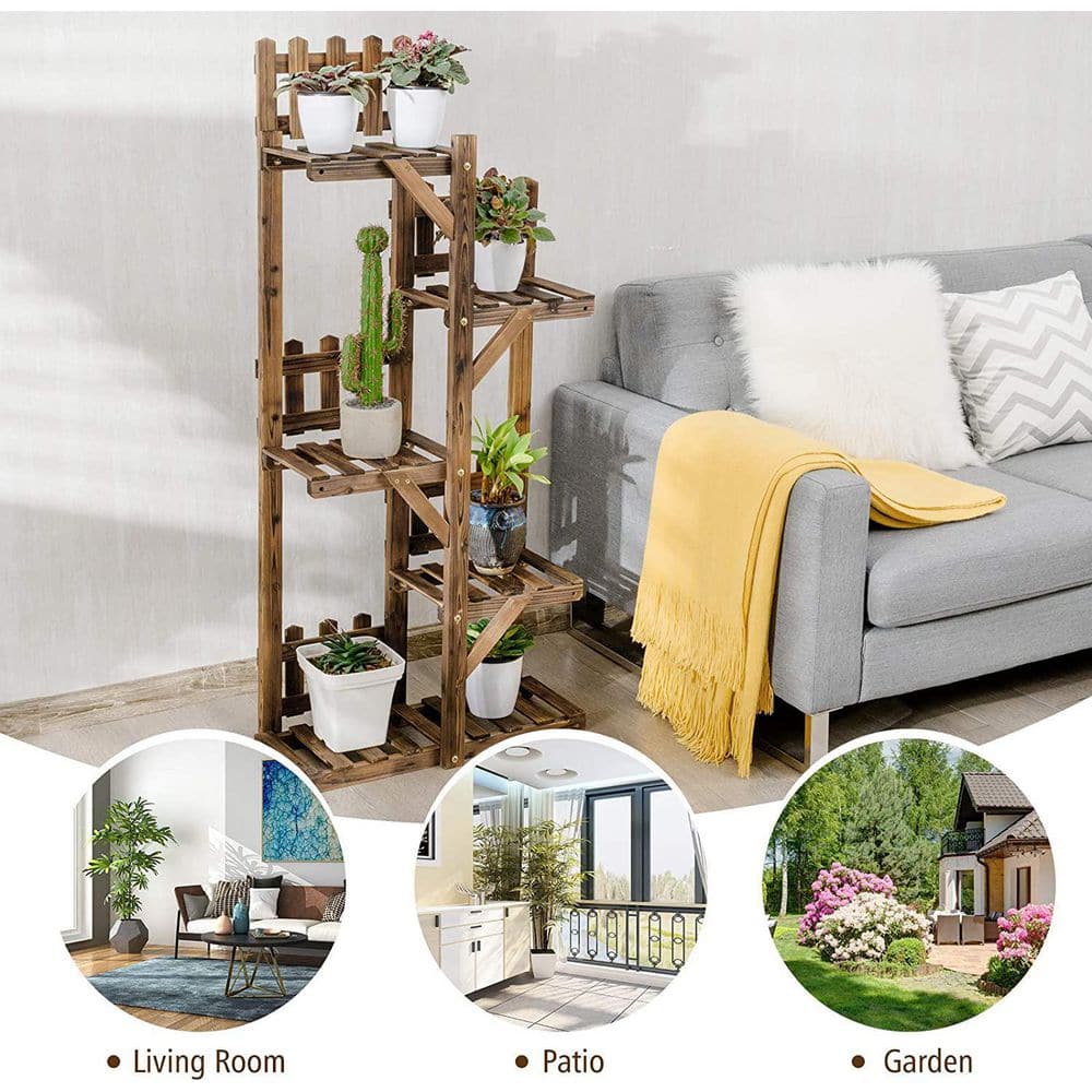 5-Tier Dark Brown Solid Fir Wood Plant Stand