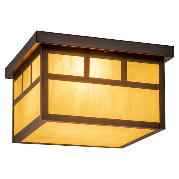 Mission Bronze Square Outdoor Flush Mount 2-Light Ceiling Fixture Honey Glass