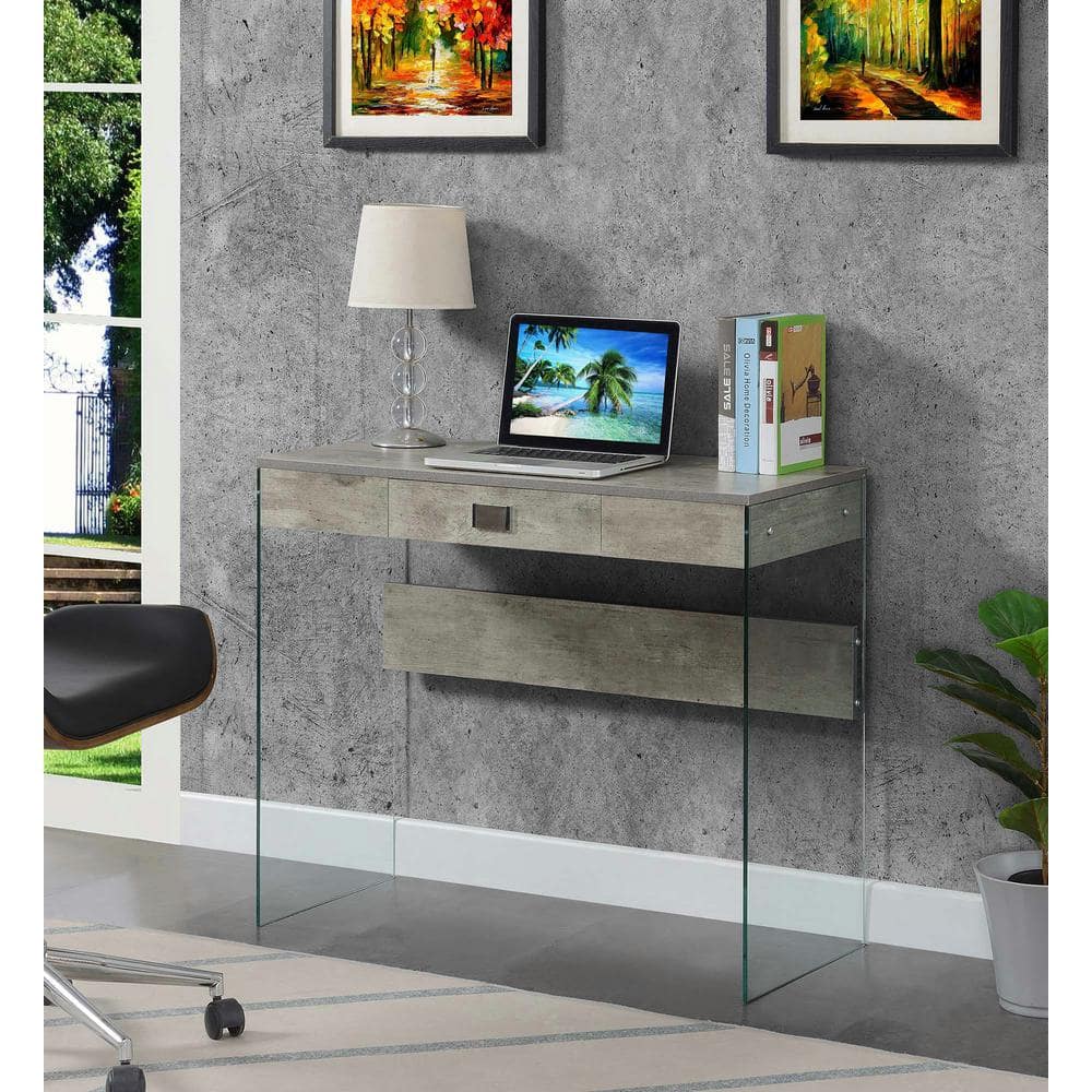 Weathered Gray Faux Birch 36" Glass Desk with Drawer