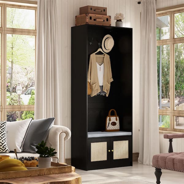 FUFU&GAGA 78.7 in. H x 31.5 in. W, Black Wooden Shoe Storage Bench with 4 Shelves, Soft Seat and Metal Hooks for Door Side Storage