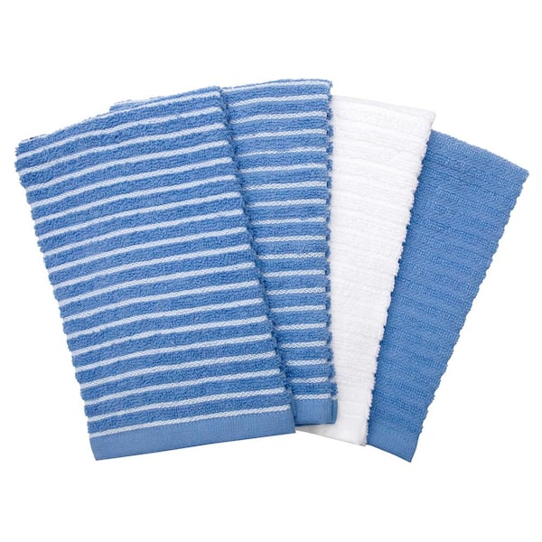 Ritz Light Blue Cotton Terry Horizontal Stripe Bar Mop Kitchen Towel Set of 4