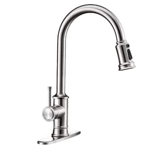 Single Handle 3 Modes Pull Down Sprayer Kitchen Sink Faucet with Deck Plate in Brushed Nickel