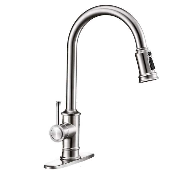 Flynama Single Handle 3 Modes Pull Down Sprayer Kitchen Sink Faucet with Deck Plate in Brushed Nickel