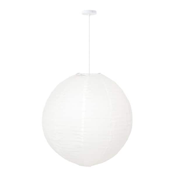 MPG Orb 20 in. 60-Watt 1-Light White Hanging Lantern Pendant-Light with Round Fabric Shade and White Hardwire