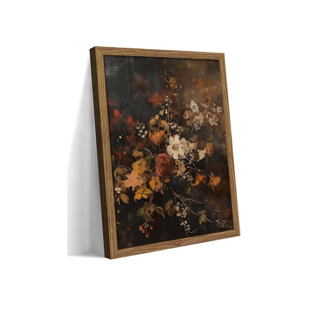 Wood Framed Vintage Floral Wall Art in Dark Moody Flower Wall