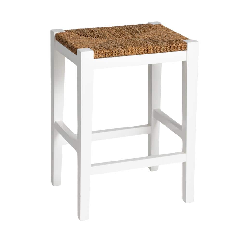 Willowbrook Matte White Mahogany and Seagrass Backless Counter Stool