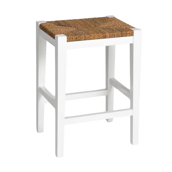 Storied Home Willowbrook Matte White Solid Wood and Natural Woven Seagrass Rope Counter Stool, Backless