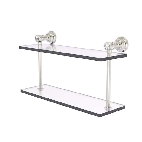 Allied Brass Carolina Crystal 16 in. x 9.2 in. H x 5.6 in. D Brass Rectangular 2-Tiered Glass Shelf in Satin Nickel