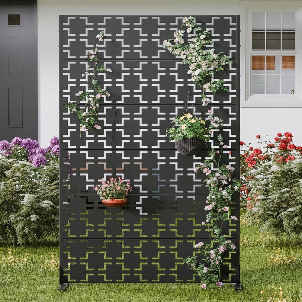 Lirago 72 in. x 47 in. Black Privacy Screen Galvanized Freestanding ...