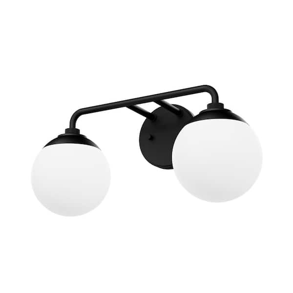 Hepburn 18 in. 2-Light Matte Black Vanity Light with Cased White Shades