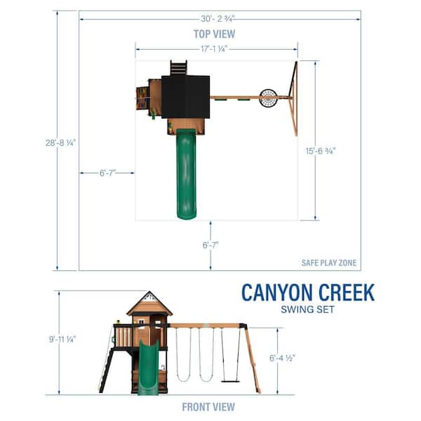 Canyon Creek Outdoor Kid's Playground Set w/ Rockwall, Upper Fort, Swing Set, Green Wave Slide, and PlaySet Kitchen