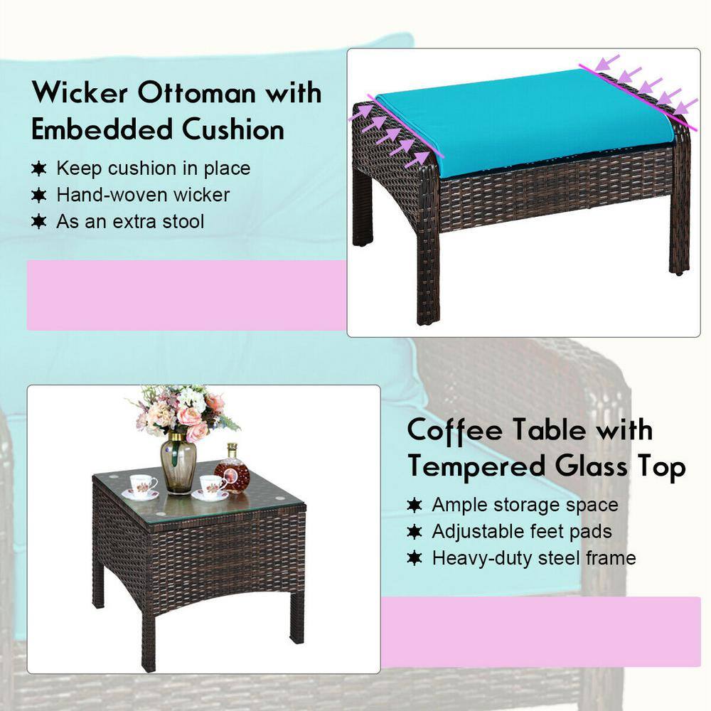 Turquoise 5-Piece Outdoor Rattan Conversation Set with Cushions