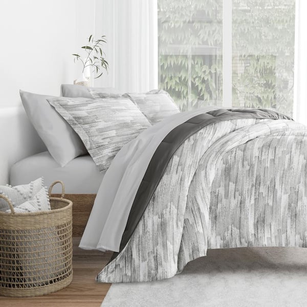 Becky Cameron 7-Piece Textured Stripe Gray Pattern Comforter Cal King Microfiber Bedding Bundle