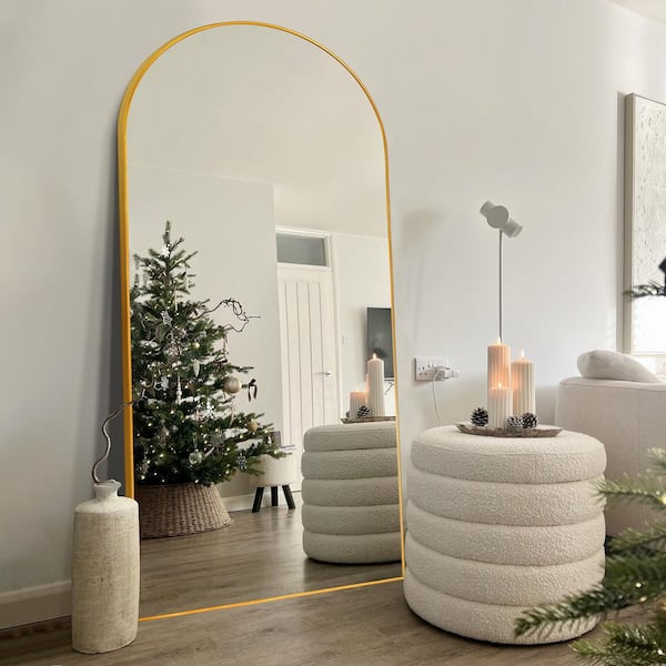 GOGEXX 32 in. W x 71 in. H Large Metal Gold Standing Mirror Arched Full Length Mirror Aluminum Framed Wall Mounted Mirror