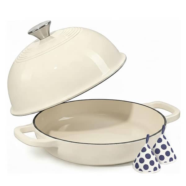 1-Piece Cream White Enameled Cast Iron Bread Oven with Dome Lid and Cotton Potholders, Oven Safe, Versatile