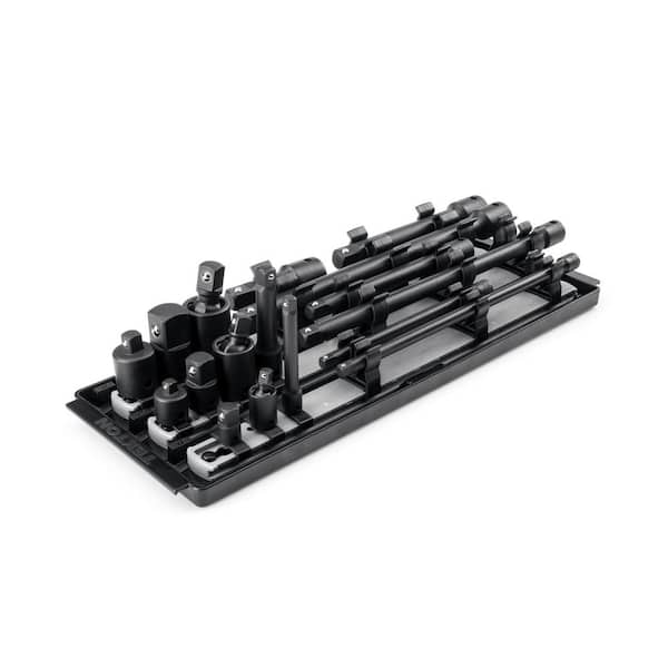 1/4,3/8,1/2 in. Drive Impact Socket Adapter Set with Extensions and Accessories on Rails (17-Piece)