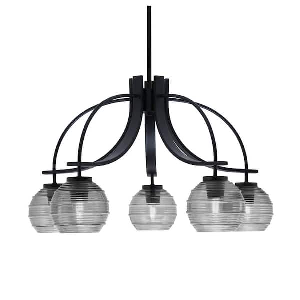 Unbranded Olympia 15.5 in. 5-Light Matte Black Downlight Chandelier Smoke Ribbed Glass Shade