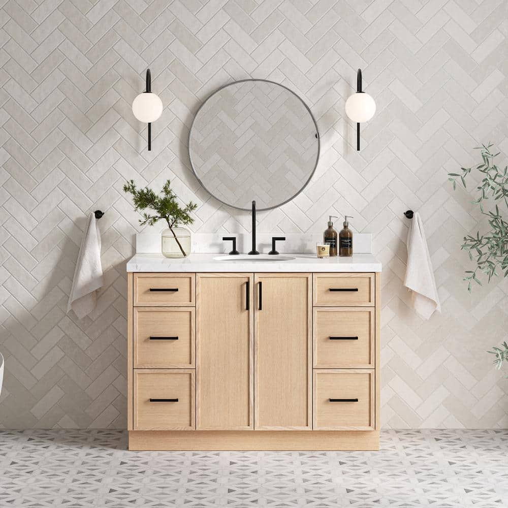 Kelly 48" Light Oak Freestanding Vanity with Carrara Quartz Top