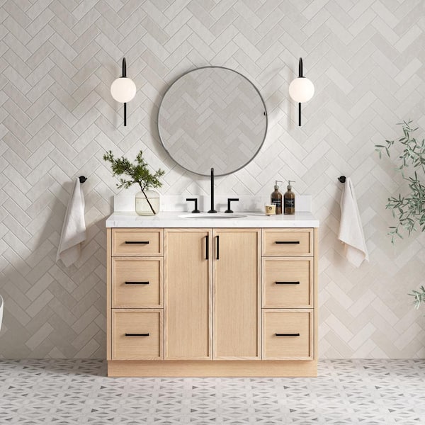 ARIEL Kelly 48.25 in. W x 22 in. D x 36 in. H Single Sink Bath Vanity in White Oak with Carrara White Quartz Top