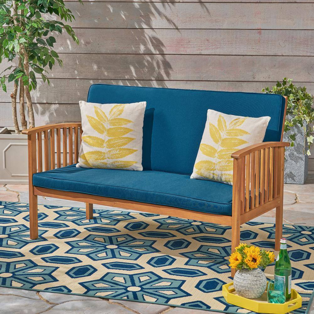 Acacia Wood Outdoor Loveseat with Teal Color Cushions