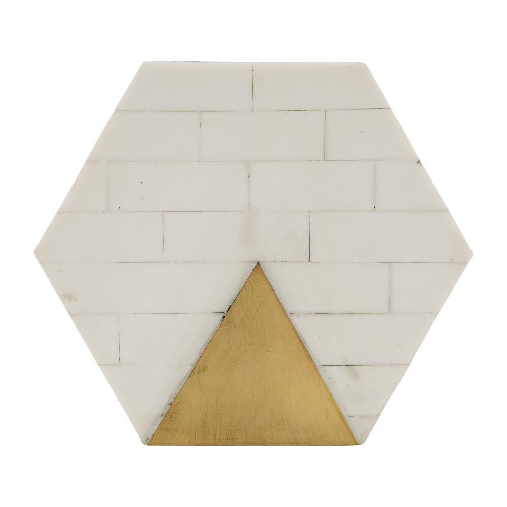 White and Gold Hexagon Resin Decorative Boxes with Brass Inlay, Set of 2