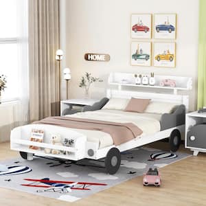 White Twin Size Car-Shaped Platform Bed with Storage Shelves