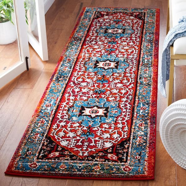 Vintage Hamadan 2 ft. x 8 ft. Blue/Red Medallion Ornate Runner Rug