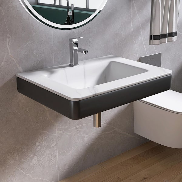 30 in. W x 22 in. D x 6 in. H Engineered Stone Limestone Plate Bathroom Wall-Mount Sink in White with Faucet Hole