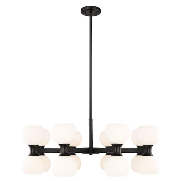 Unbranded Artemis 16 Light Matte Black Shaded Chandelier Light with Matte Opal Glass Shade with No Bulbs Included