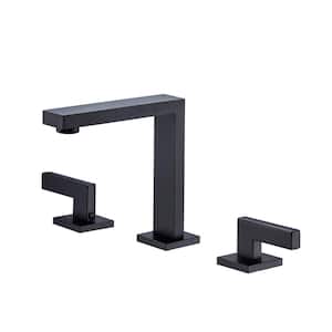 Modern 8 in. Widespread Double Handle Mid Arc Bathroom Faucet with Drain Kit Included in Matte Black