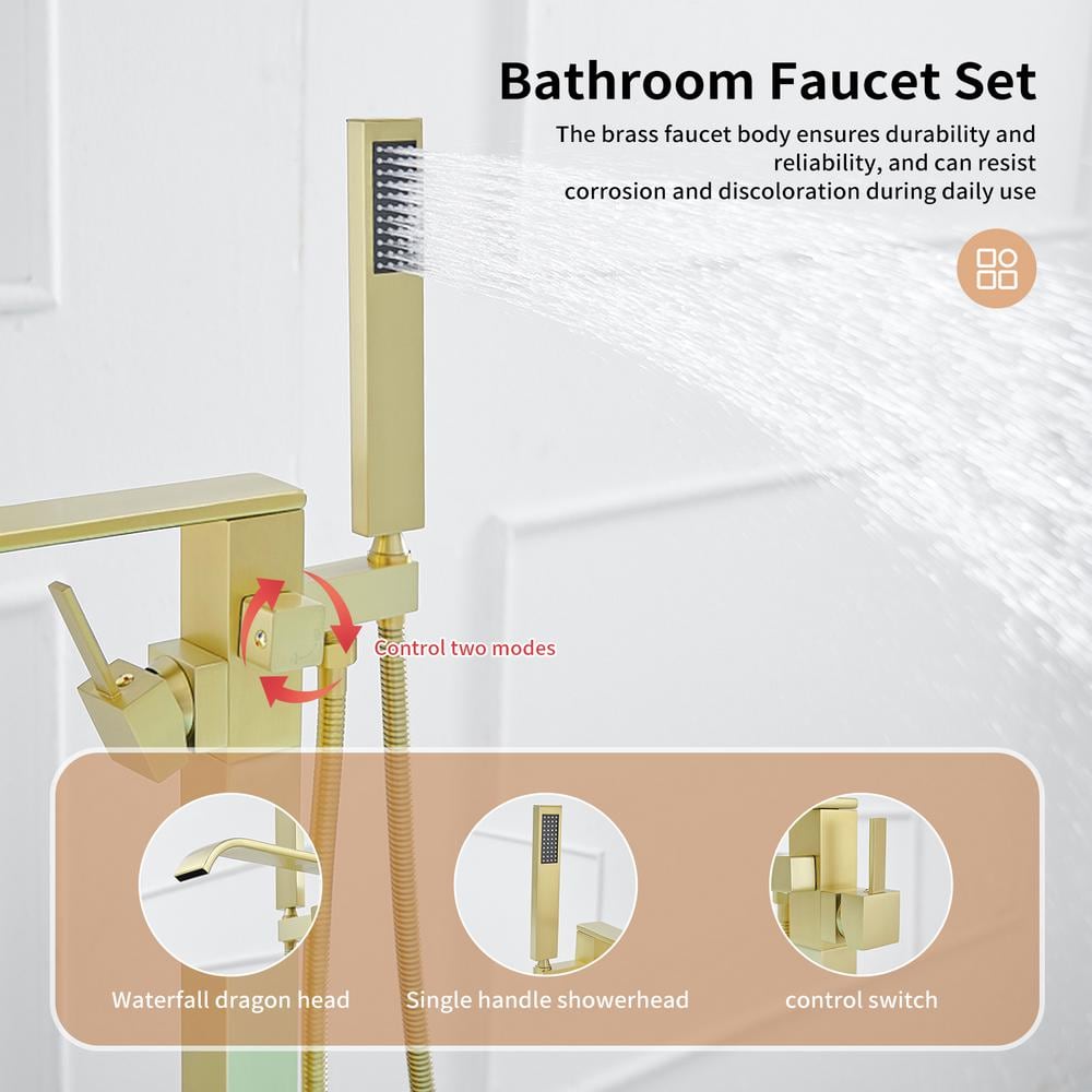 Brushed Gold Freestanding Roman Tub Faucet with Hand Shower