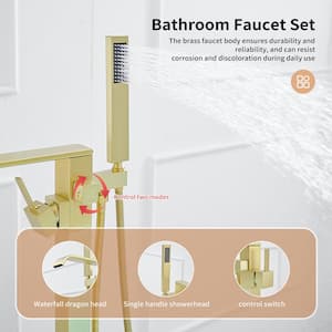 Single-Handle Floor Mount Freestanding Bathtub Faucet Waterfall Tub Filler with Handheld Shower in Brushed Gold