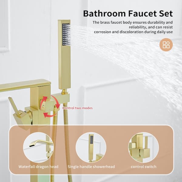 Single-Handle Floor Mount Freestanding Bathtub Faucet Waterfall Tub Filler with Handheld Shower in Brushed Gold