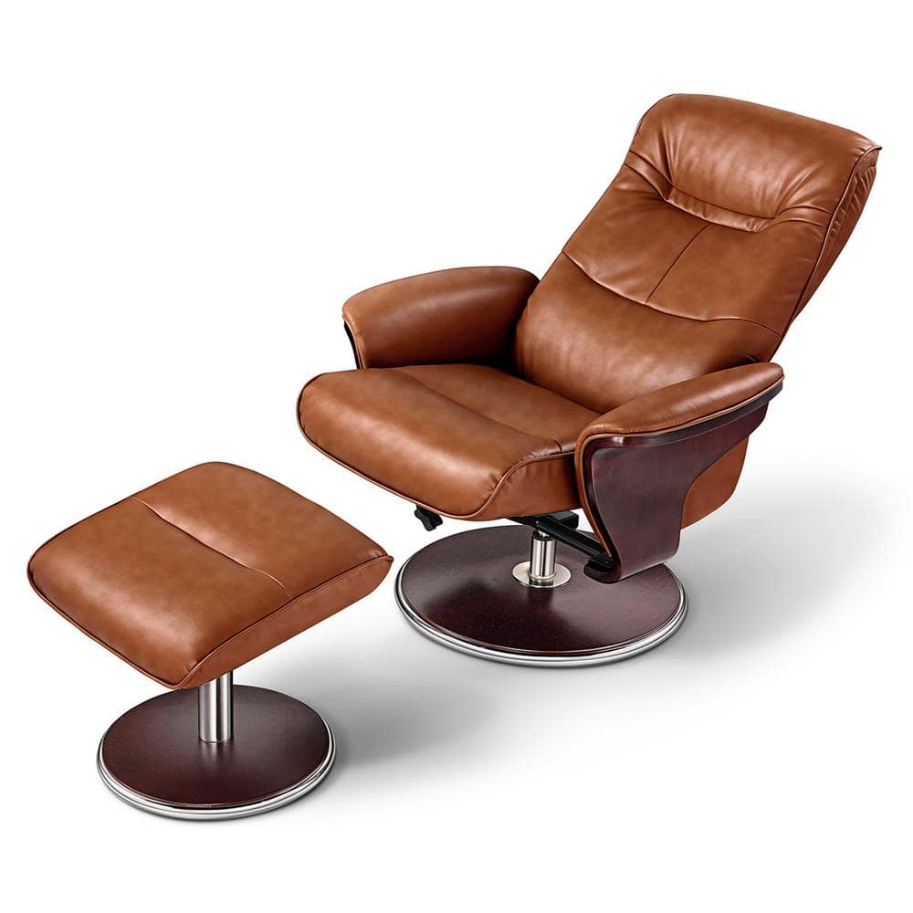 Modern Brown Leather Swivel Recliner with Ottoman