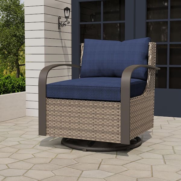 Outdoor Patio Wicker Lounge Chair Swivel Rocking Chair with Blue Cushions