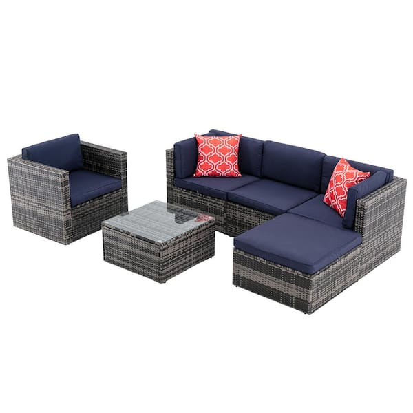 maocao hoom 6-Piece Wicker Patio Conversation Set with Navy Blue Cushion, 2 Pillows and Coffee Table
