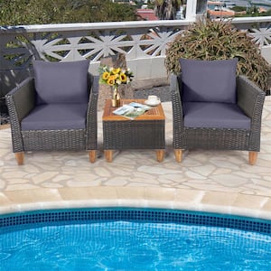 3-Piece Wicker Outdoor Bistro Set with Wooden Table Top Sofa Grey Cushions