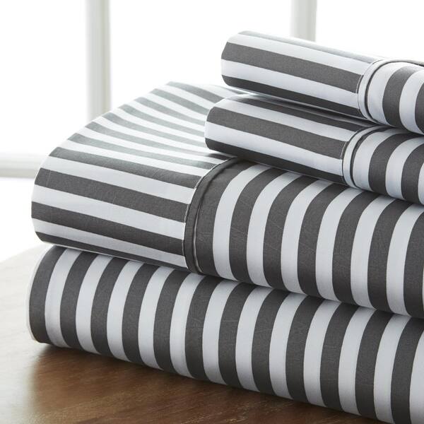 Becky Cameron 4Piece Gray Striped Microfiber Queen Sheet Set IEH4PC