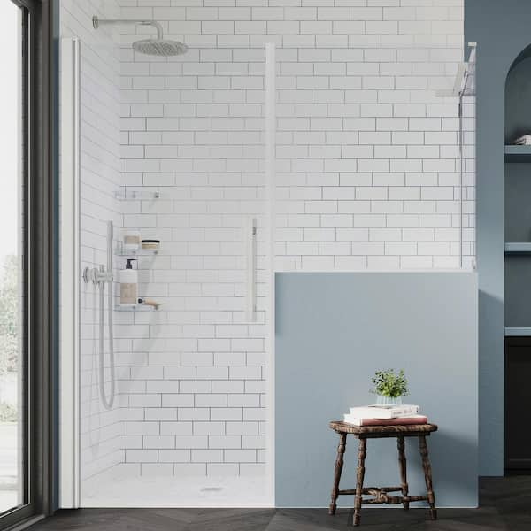 OVE Decors Pasadena 68-1/8 in. Wx72 in. H Rectangular Pivot Frameless Corner Shower Enclosure in SN w/Buttress Panels and Shelves