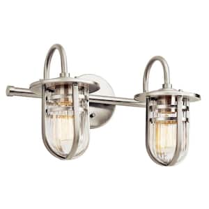 Caparros 17.5 in. 2-Light Brushed Nickel Coastal Bathroom Vanity Light with Clear Glass Shade