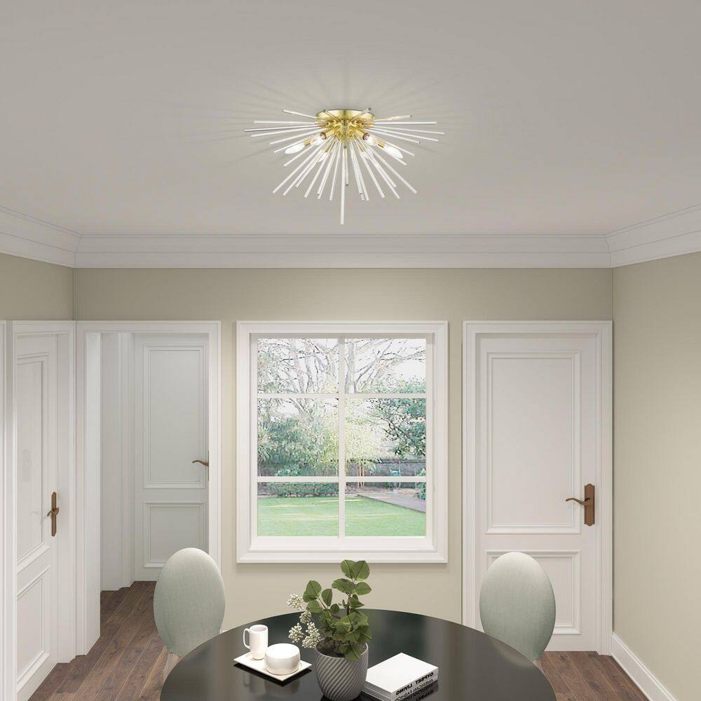 Elegant Satin Brass 6-Light Globe Chandelier with Crystal Rods