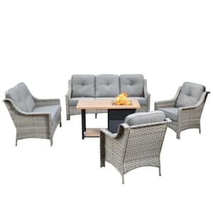 Verona Grey 5-Piece Wicker Outdoor Patio Conversation Sofa Loveseat Set with a Storage Fire Pit and Dark Grey Cushions