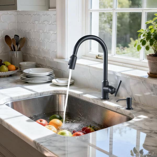 Single Handle Pull Down Sprayer Kitchen Faucet with Soap Dispenser 304 Stainless Steel Sink Faucets in Matte Black