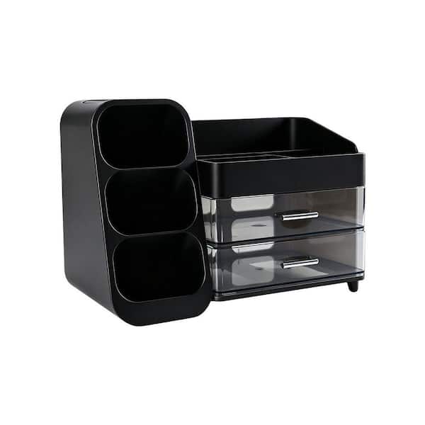 7.09 in. H Black Large Capacity Makeup Organizer with Brush Holder, Thickened PET/ABS, for Skincare & Perfume.