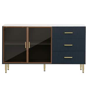 Modern Navy Wood 60 in. Sideboard Marble Sticker Tabletop and Amber Tempered Glass Doors with Gold Metal Legs Handles