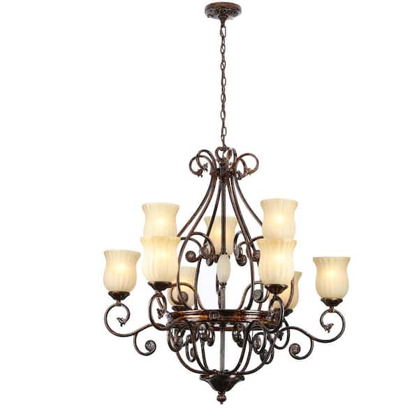 Hampton Bay Freemont Collection 9-Light Hanging Antique Bronze Chandelier with Glass Shades