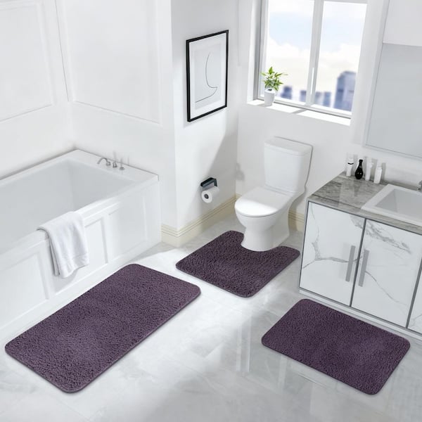 Purple 3 Piece Bathroom Mat Set Absorbent Bath Mat Shower Rugs for Bathroom Non-Slip Dry Quickly Bath Rug for Tub Toilet