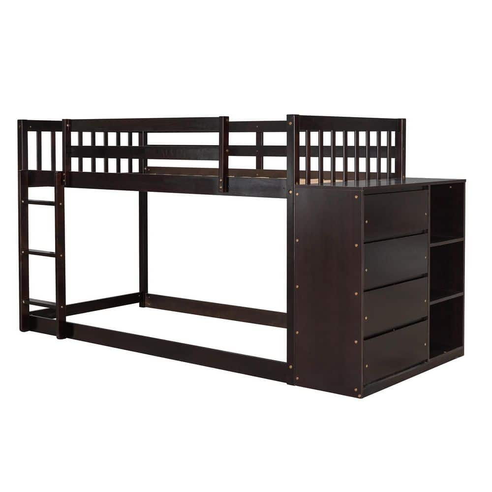 Anbazar Brown Twin Over Twin Kids Wood Bunk Bed Frame With Storage 