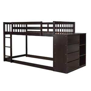 Brown Twin Over Twin Kids Wood Bunk Bed Frame with Storage Cabinet, 4-Drawers and 3-Shelves